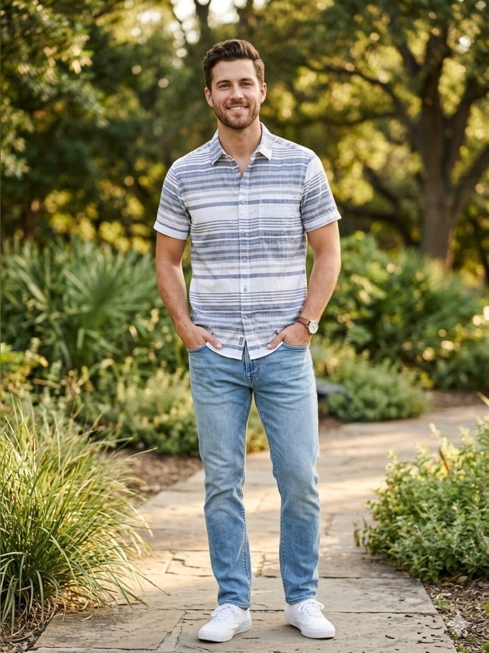 Free Planet Mens White/Gray Striped Collared Short Sleeve Button Up Shirt